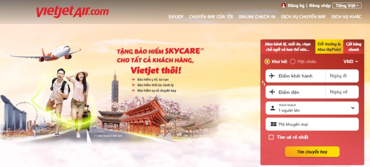 Giao điện đặt vé máy bay online hiển thị ngay trang chủ website của Vietjet Air