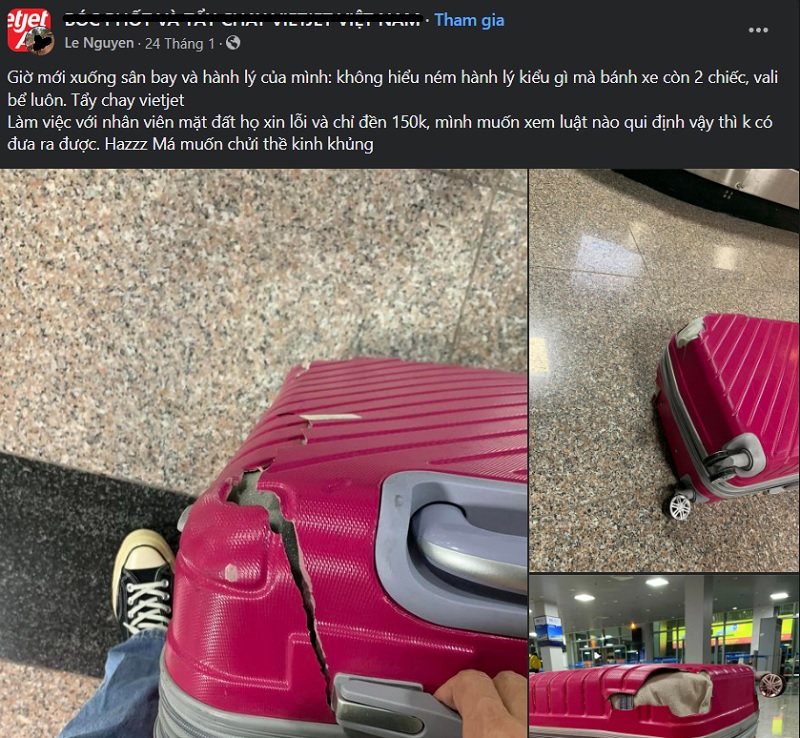 Nhân viên Vietjet hất hành lý khách khiến vỡ vali bị tố trên Facebook.